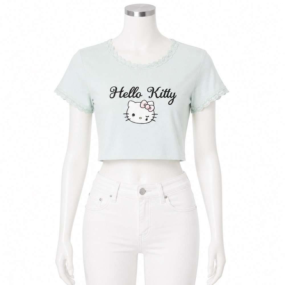 Hello Kitty Forever 21 Mint Green Baby Lace Tee Small Rhinestone Tear Shirt